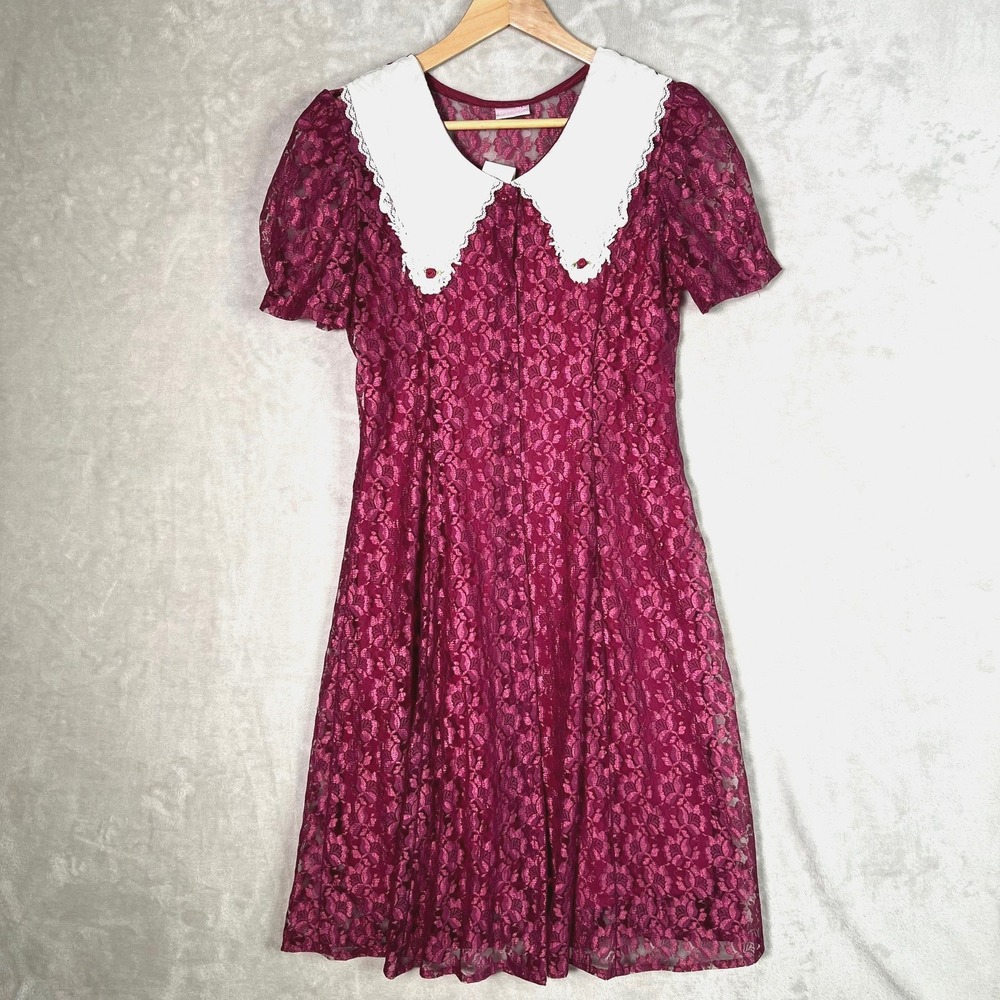 Vintage 80s Rose Cottage Lace Dress S Burgundy Peter Pan Collar Cottagecore